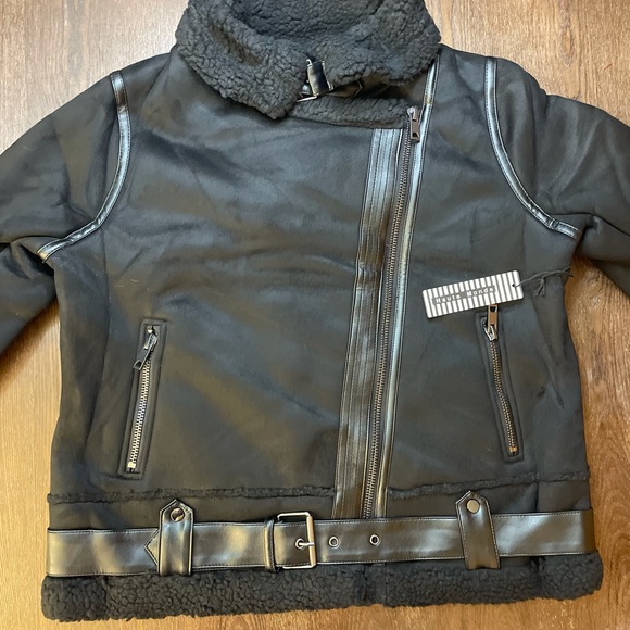 BLACK FAUX FUR SUEDE MOTO JACKET BIKER COAT - Picture 9 of 15